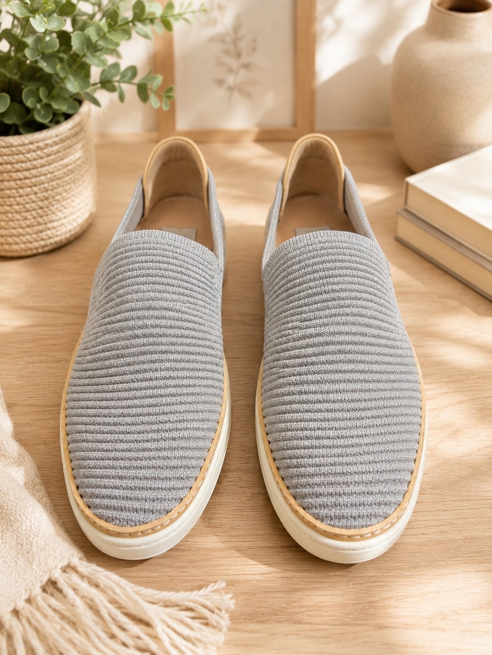 UGG Women's Slip-On Knit Loafers in Sparkly Light Grayish Blue